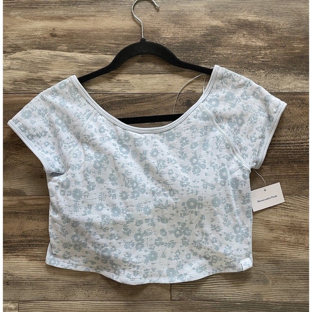 Joyspun Women's Sports Bra Size L Light Blue/White Floral Medium Support Pads